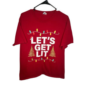 Port & Company Red Christmas Holiday Graphic Lets Get Lit Short Sleeve T-Shirt